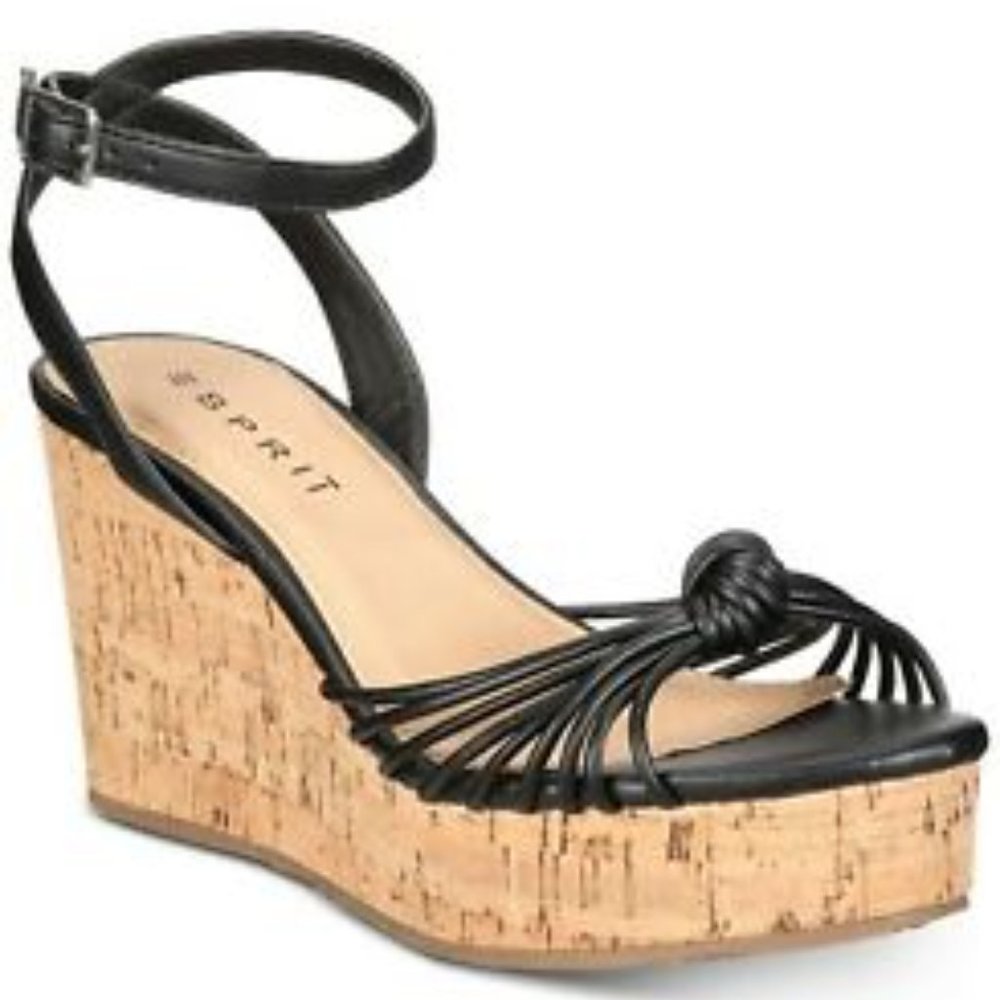 Espirit Vegan Leather Ankle Strap Wedge Black Sandals NIB - Women's Size 9M